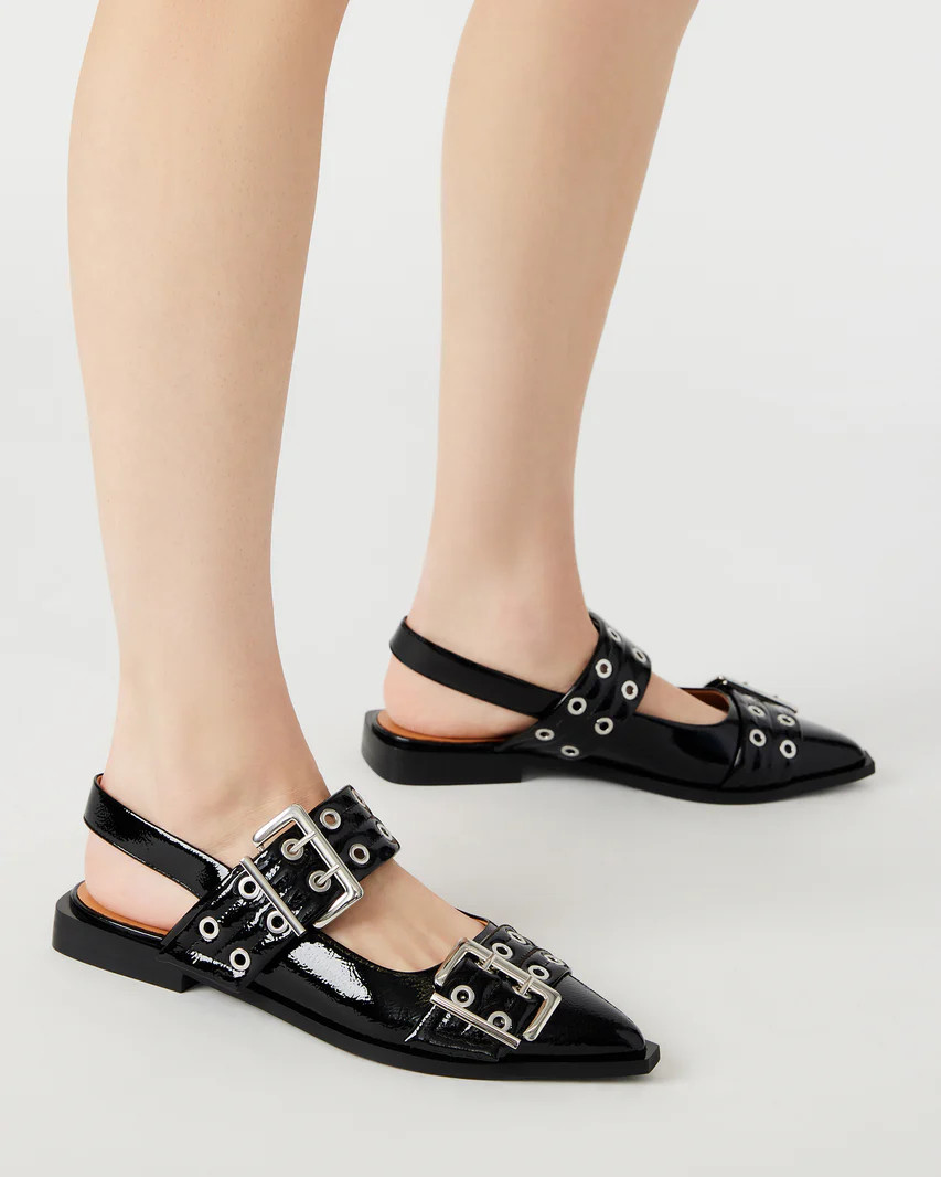 GRAYA Black Patent Slingback Flat | Women's Flats | Steve Madden (US)