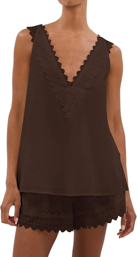 Burtell Women Summer 2 Piece Lounge Sets Casual V Neck Sleeveless Lace Tank Tops Mini Shorts Beac... | Amazon (US)