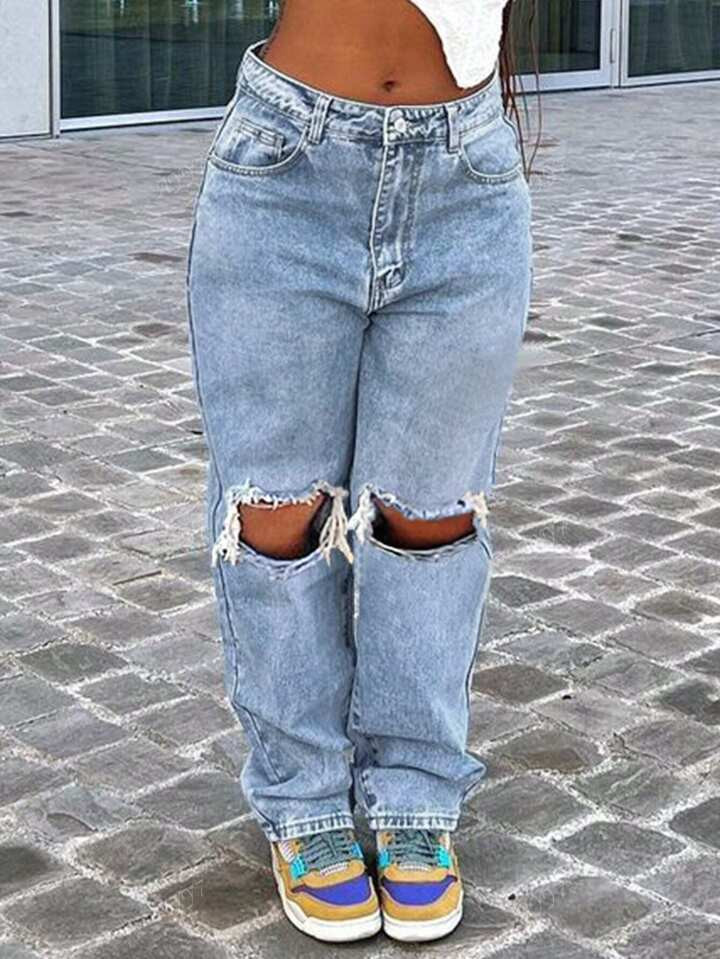 Street Style Y2k New Hot Selling Loose Casual All-Match Slimming Knee Hole Slim Straight Tapered Jeans Mom Denim Pants | SHEIN