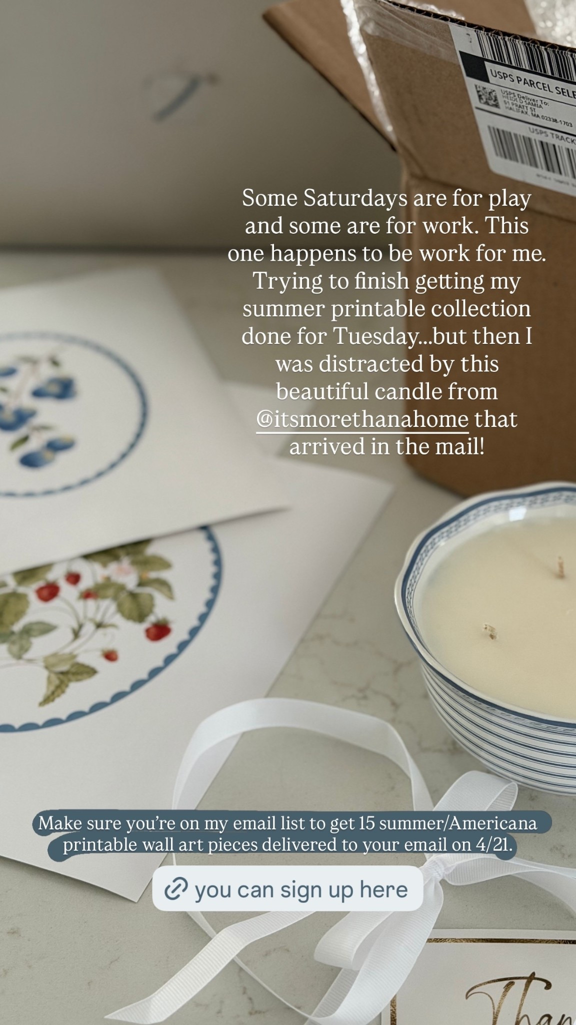 Some Saturdays are for play and some are for work. This one happens to be work for me. Trying to finish getting my summer printable collection done for Tuesday…..but then I was distracted by this beautiful candle from @itsmorethanahome that arrived in the mail! Make sure you’re on my email list to get 15 summer/Americana printable wall art pieces delivered to your email on 4/21.