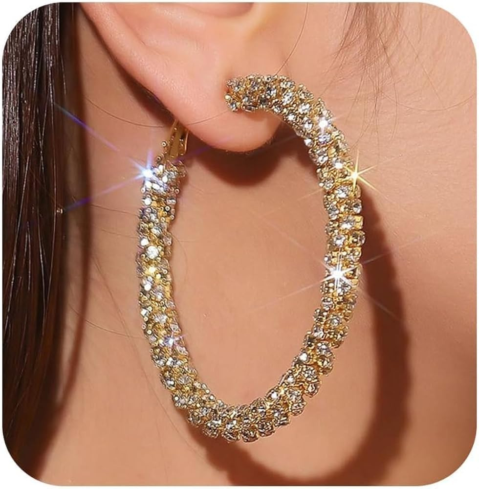 Large Hoop Earrings for Women Sparkly Rhinestone Earrings Gold/Sliver Chunky Statement Jewelry Pr... | Amazon (US)