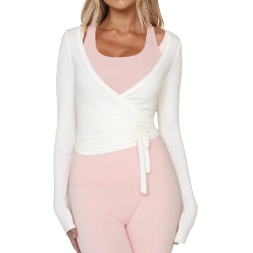 Women Ballet Wrap Top Long Sleeve Self Tie Dance Shirt Pilates Yoga Tops Y2k Workout Active Blouses (US, Alpha, Small, Regular, Regular, White) | Amazon (US)