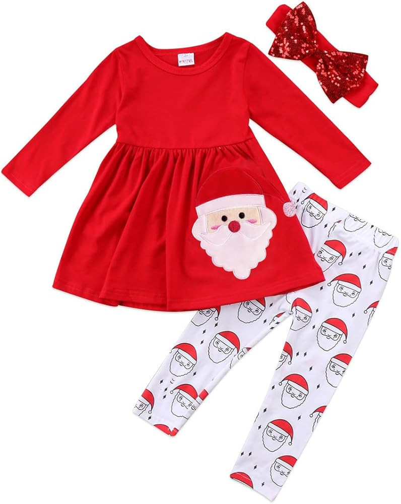 XFGLCK Toddler Kids Baby Girls Christmas Outfits Santa Print Flare Tunic Long Sleeve Dress Shirt ... | Amazon (US)