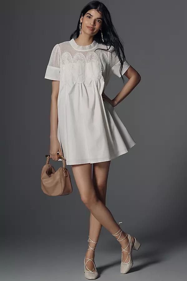 En Elly Lace Short-Sleeve Mini Babydoll Dress | Anthropologie (US)
