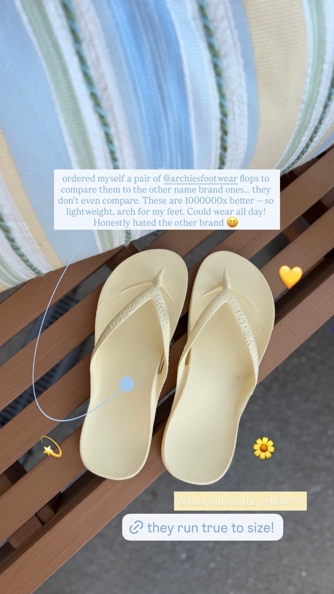 ordered myself a pair of @archiesfootwear flops to compare them to the other name brand ones……. they don’t even compare. These are 1000000x better — so lightweight, arch for my feet. Could wear all day! Honestly hated the other brand 😆 & how cute is the yellow?!? 💛 💫 🌼