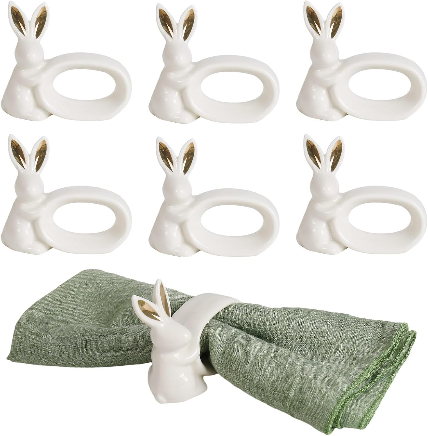 Ceramic Bunny Napkin Rings Set of 6, White Easter Rabbit Napkin Holder Ring with Gold Ear for Eas... | Amazon (US)