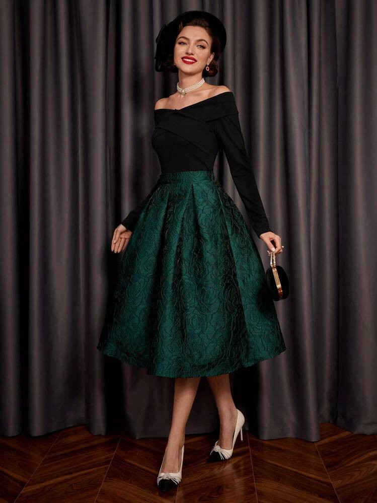 Vintamour Vintage Elegant Jacquard Fold Pleated Detail Skirt Club Women Outfits Concert Long Skirt Vintage Clothes Saint Patrick Day Clover Shamrock Partytime Jacquard Skirt | SHEIN