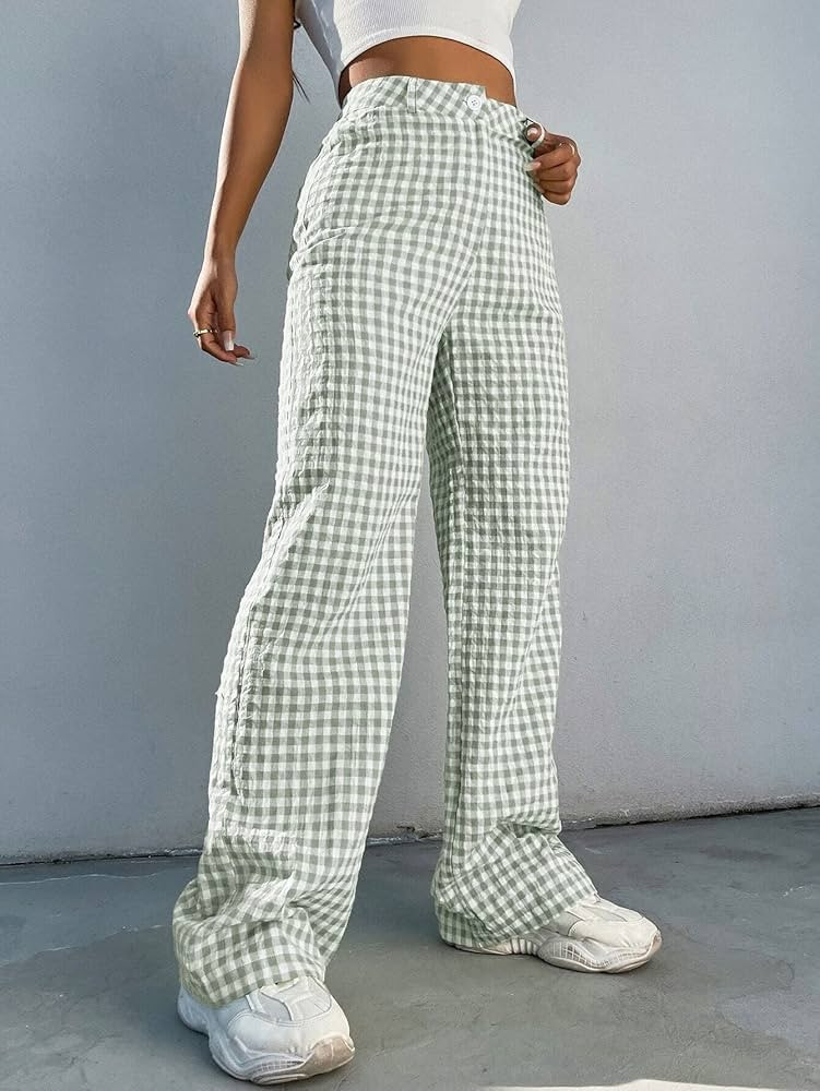 Womens High Waist Gingham Print Wide Leg Flowy Pants Trousers for Women Casaul | Amazon (US)