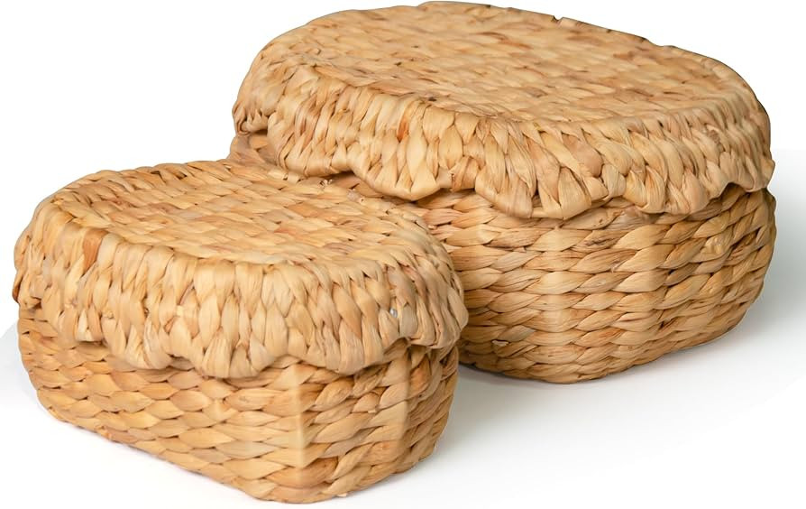 KOKODO Pack of 2 Scalloped Basket with Lids, Water Hyacinth Wicker, BOHO Handwoven Wicker Basket ... | Amazon (US)