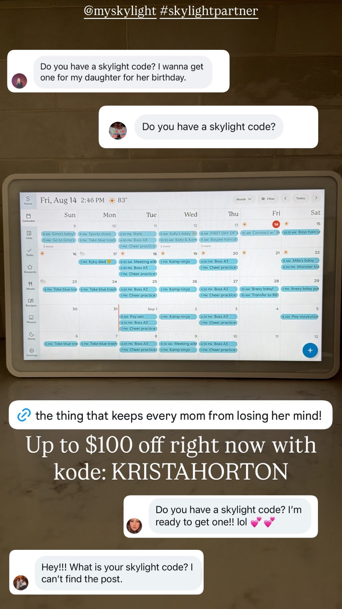 Up to $100 off right now with kode: KRISTAHORTON @myskylight #skylightpartner