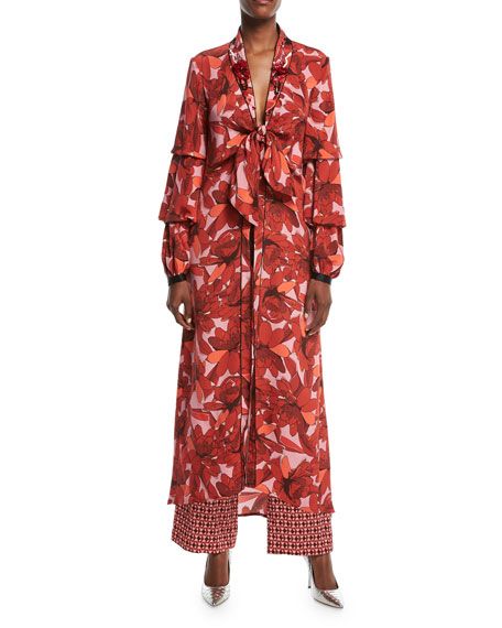 Poppy Floral-Print Tie-Front Embellished Kimono Jacket | Neiman Marcus
