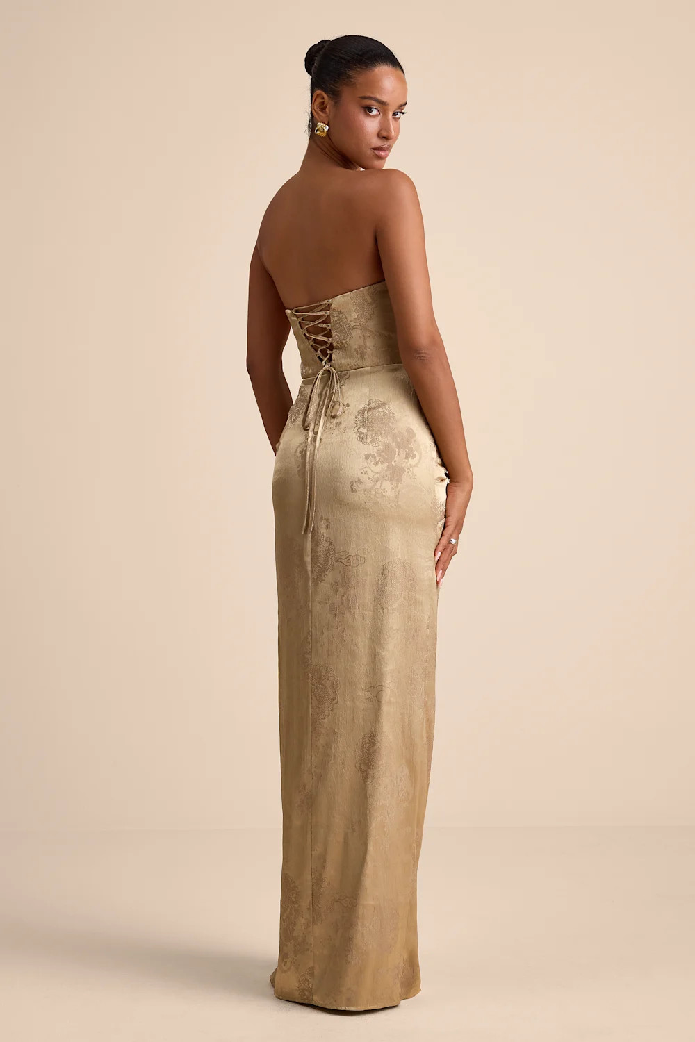 Whitney Gold Jacquard Strapless Twist-Front Maxi Dress | Lulus