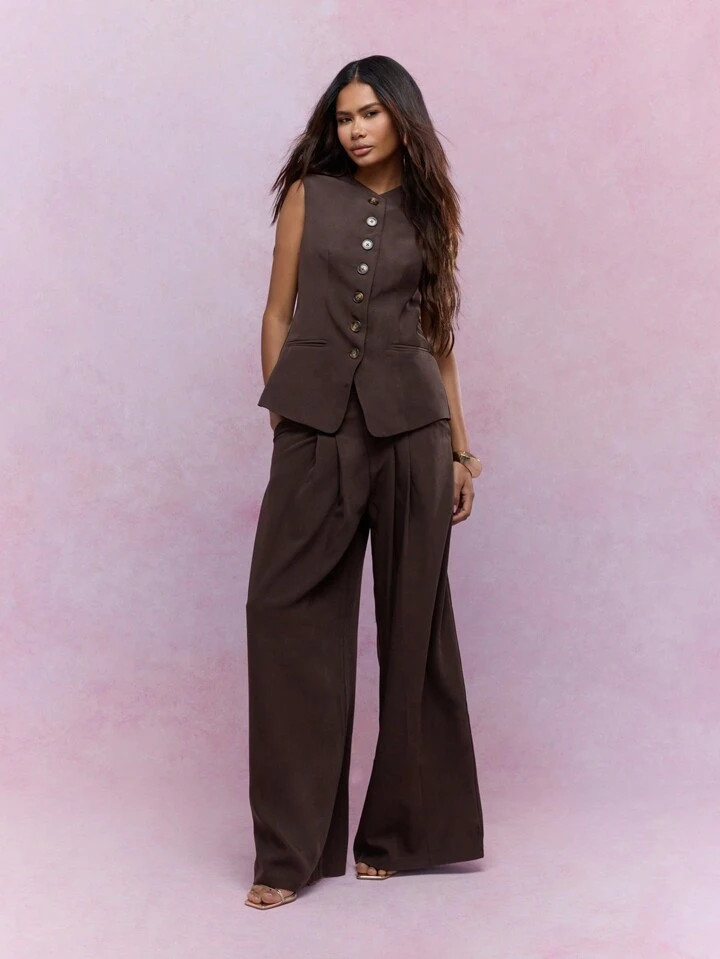 MISSGUIDED Buttoned Backless Long Vest And Pleated Wide Leg Pants Suit Set | SHEIN