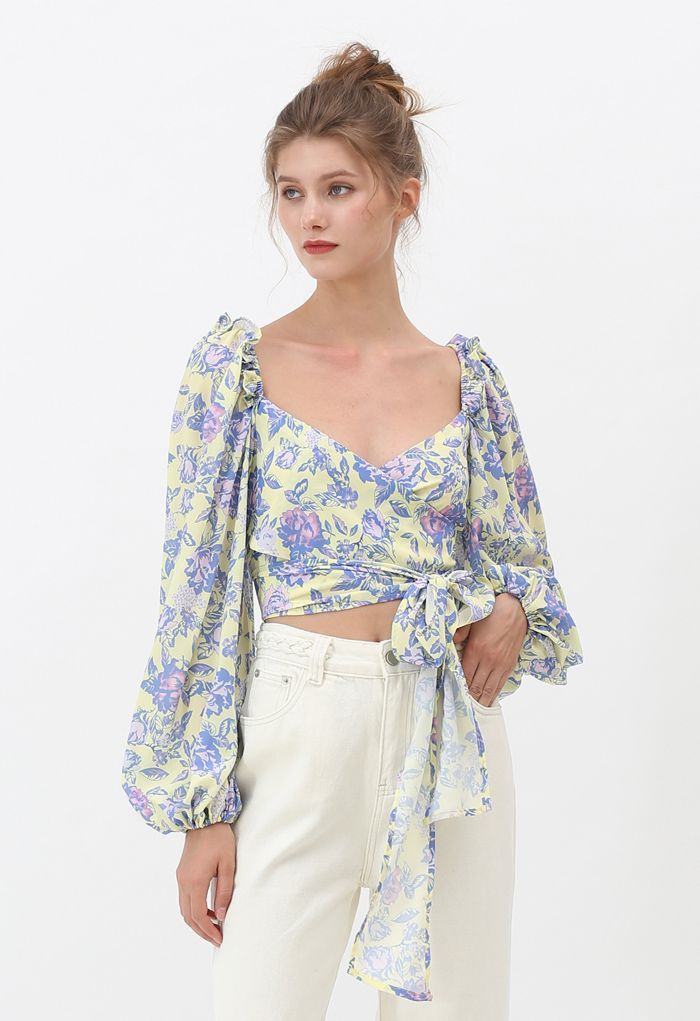 Puff Sleeves Floral Shirred Wrapped Crop Top | Chicwish