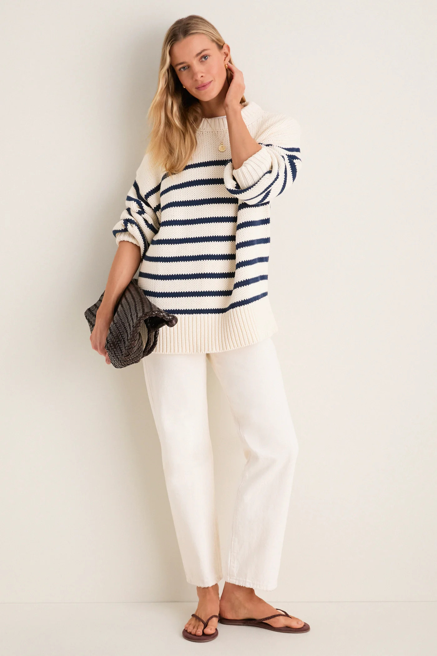 Ivory and Navy Stripe Cotton Genevieve Crewneck Sweater | Tuckernuck (US)