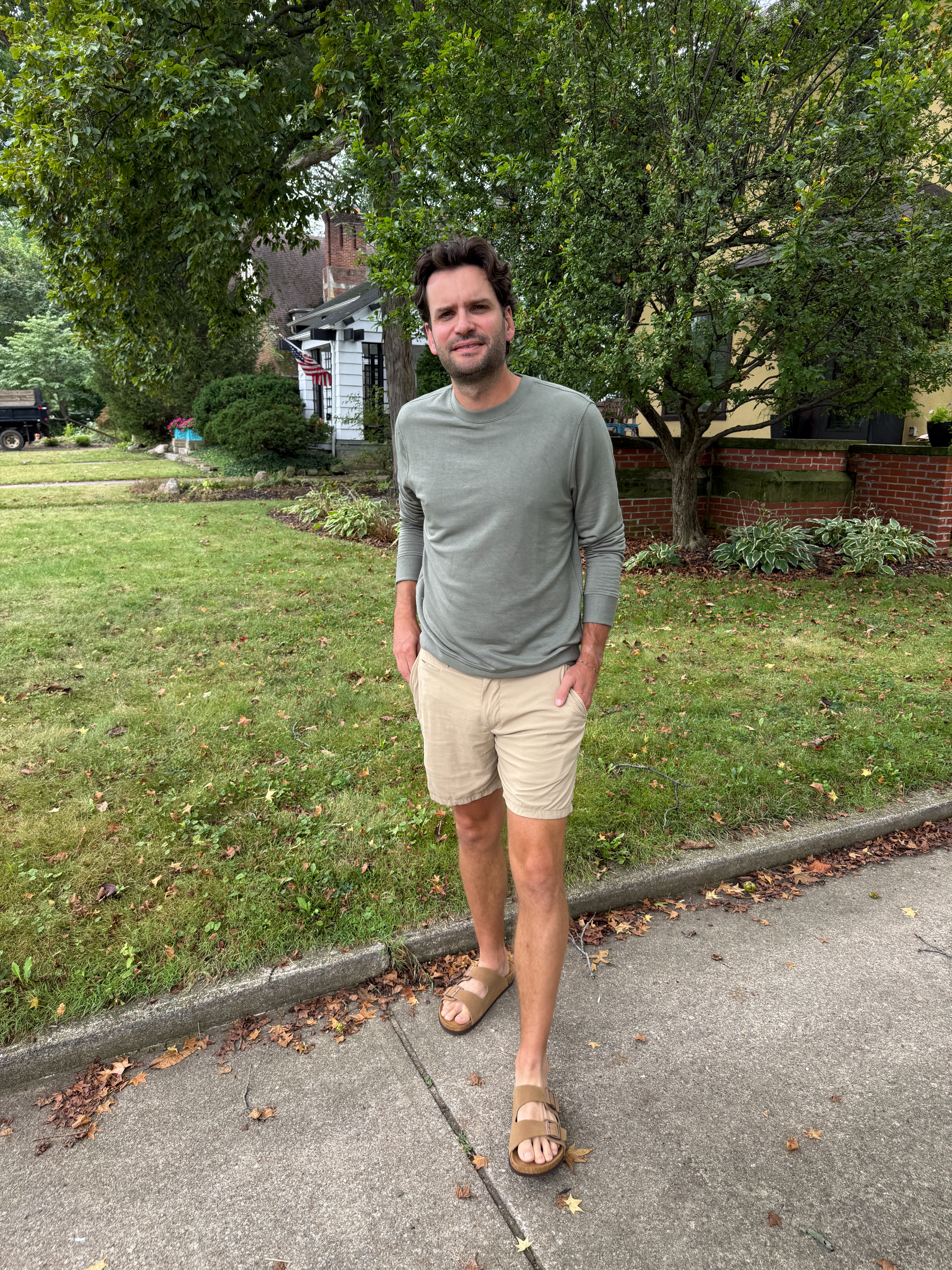 Getting ready for the changing season but still holding onto summer. A lightweight layer in the morning with shorts and slides is the perfect late August & early September outfit.  

 #LTKSeasonal #LTKTravel #LTKMens