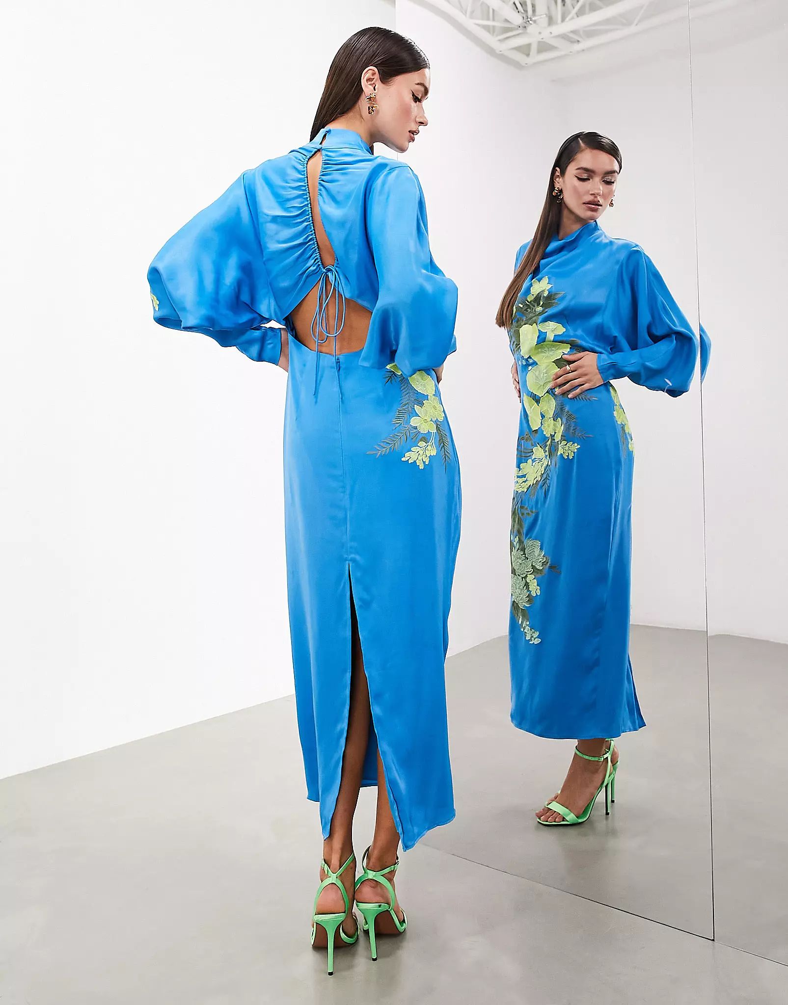 ASOS EDITION satin long sleeve embroidered midaxi dress with drawstring back in bright blue | ASO... | ASOS (Global)