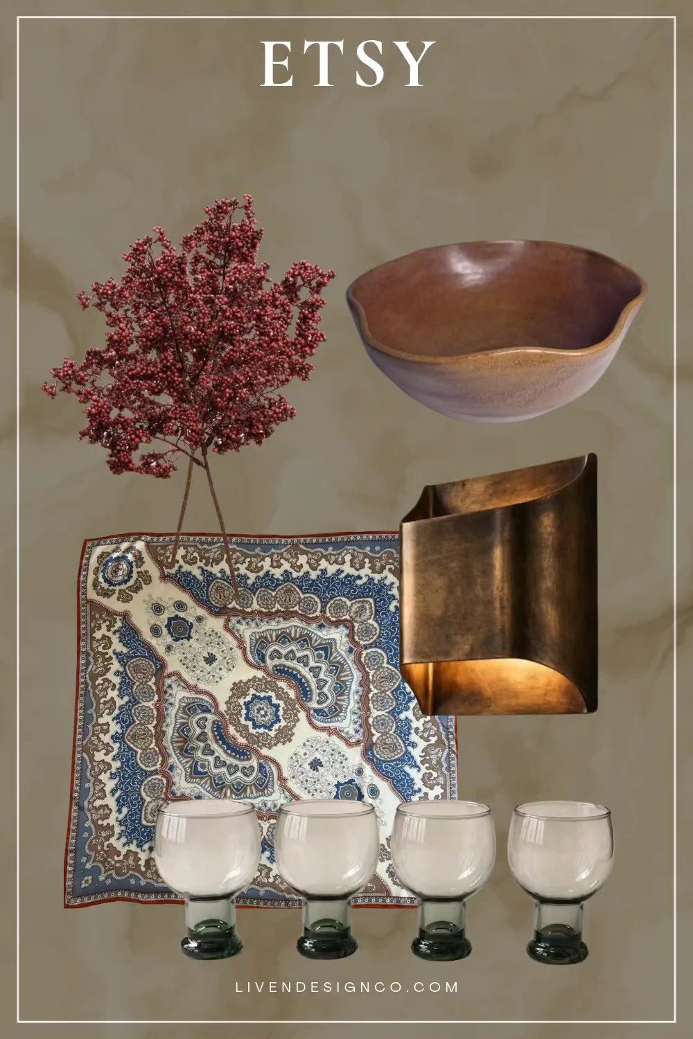 Etsy finds. Glassware. Fall floral stems. Brown pottery bowl. Earthenware. Brass sconce. Paisley scarf 

#LTKSeasonal #LTKHome #LTKSaleAlert