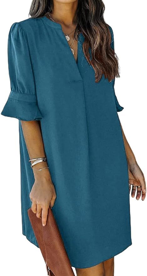 QACOHU Womens V Neck Ruffle Short Sleeve Simple Solid Color Casual Summer Dress | Amazon (US)