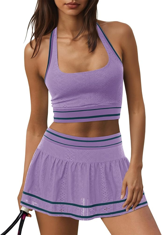 Fisoew Womens 2 Piece Tennis Skirt Sets Workout Set Halter Backless Sports Bra and Golf Skort Ath... | Amazon (US)