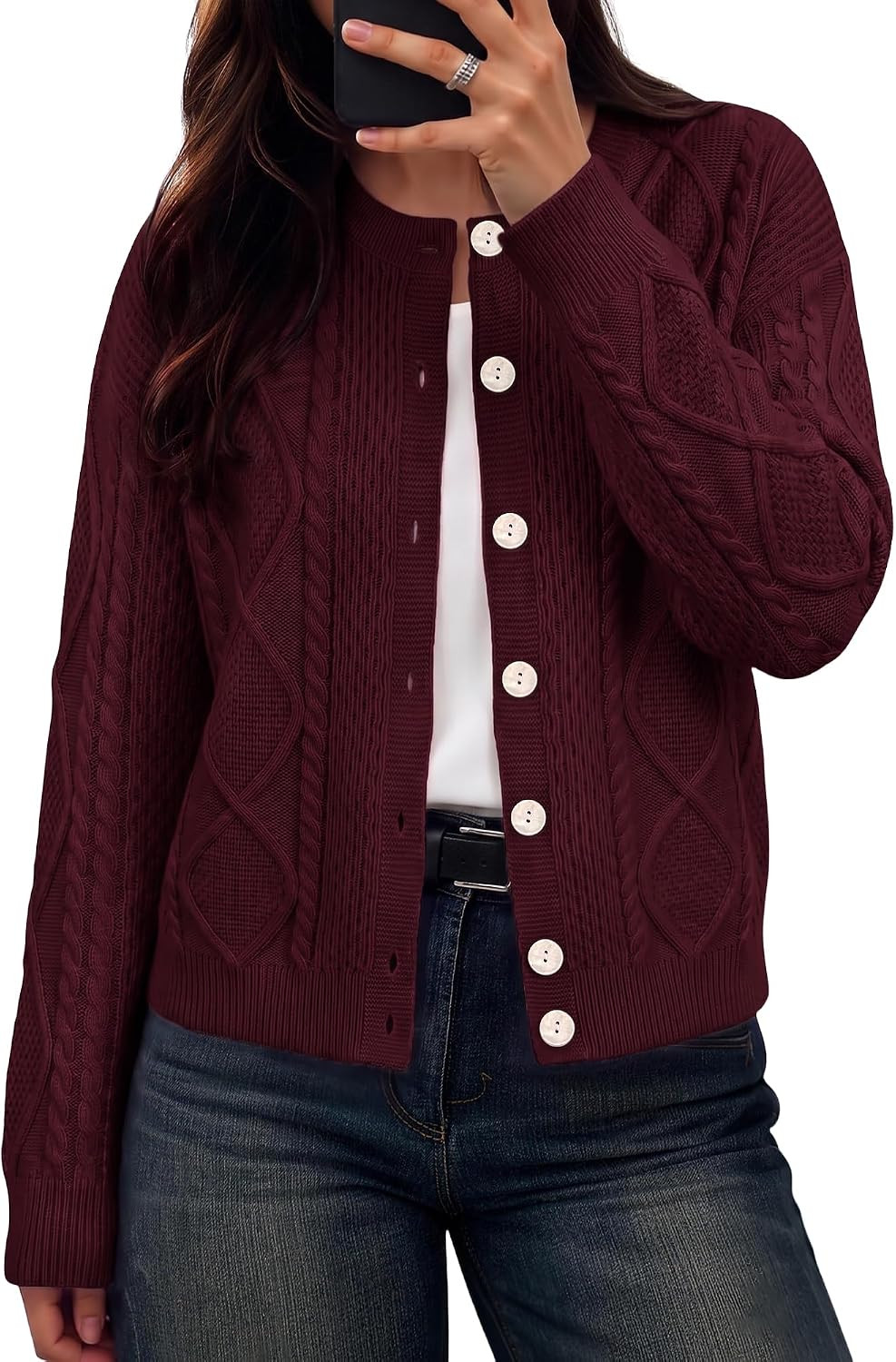 Womens Chunky Cable Knit Cardigan Sweater Button Up Oversized Tops | Amazon (US)