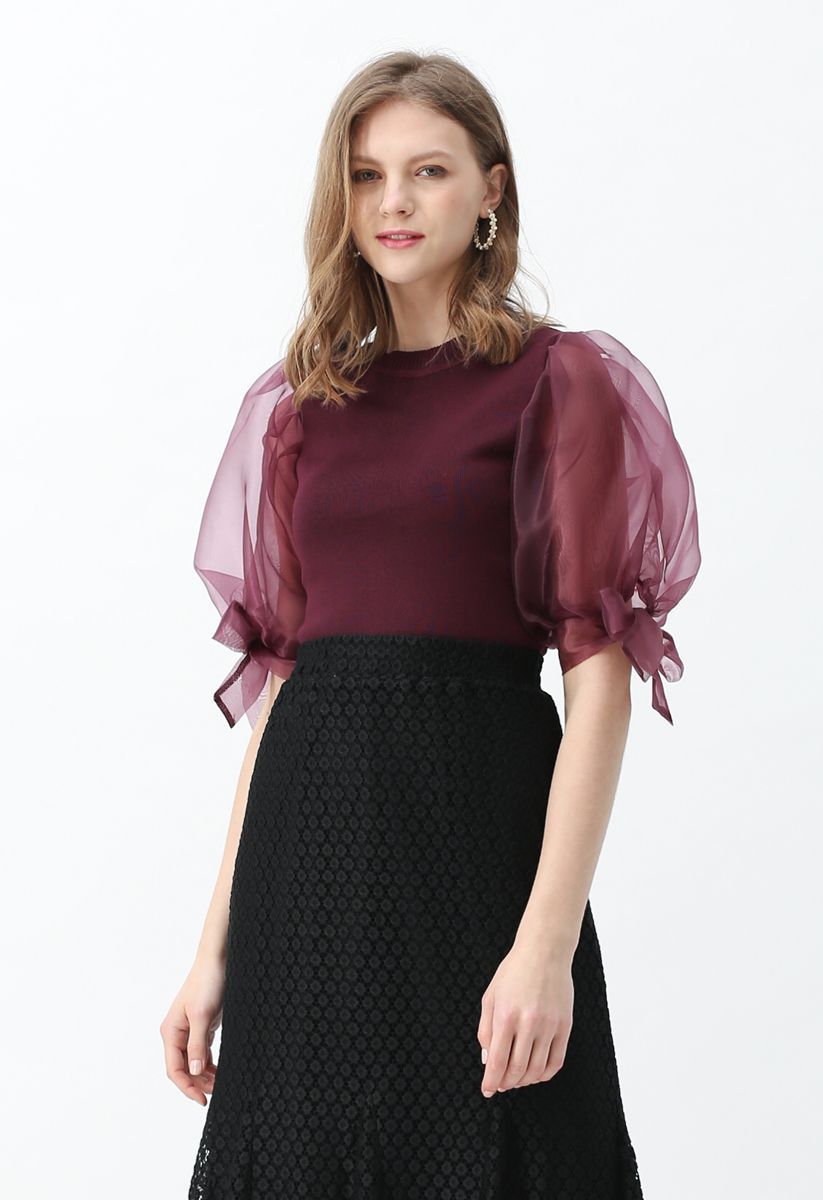 Organza Bubble Sleeves Knit Top in Wine | Chicwish