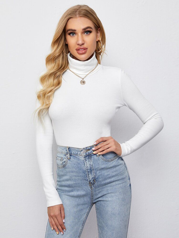 SHEIN Turtle Neck Solid Tee | SHEIN