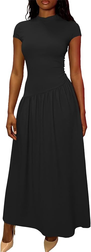 Ulovmi Women's Mock Neck Midi Dress Short Sleeve Stretchy Pleated Skirt Elegant Dress for Casual ... | Amazon (US)