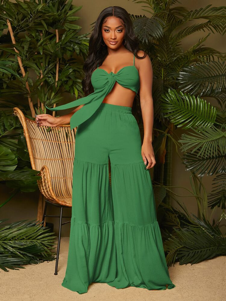 SHEIN SXY Tie Front Crop Cami Top & Ruffle Hem Pants | SHEIN