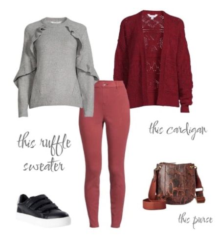 This gray ruffled sweater is so pretty! Love the maroon cardigan and cranberry jagging’s paired with this purse and sneakers!￼

#LTKstyletip #LTKunder50