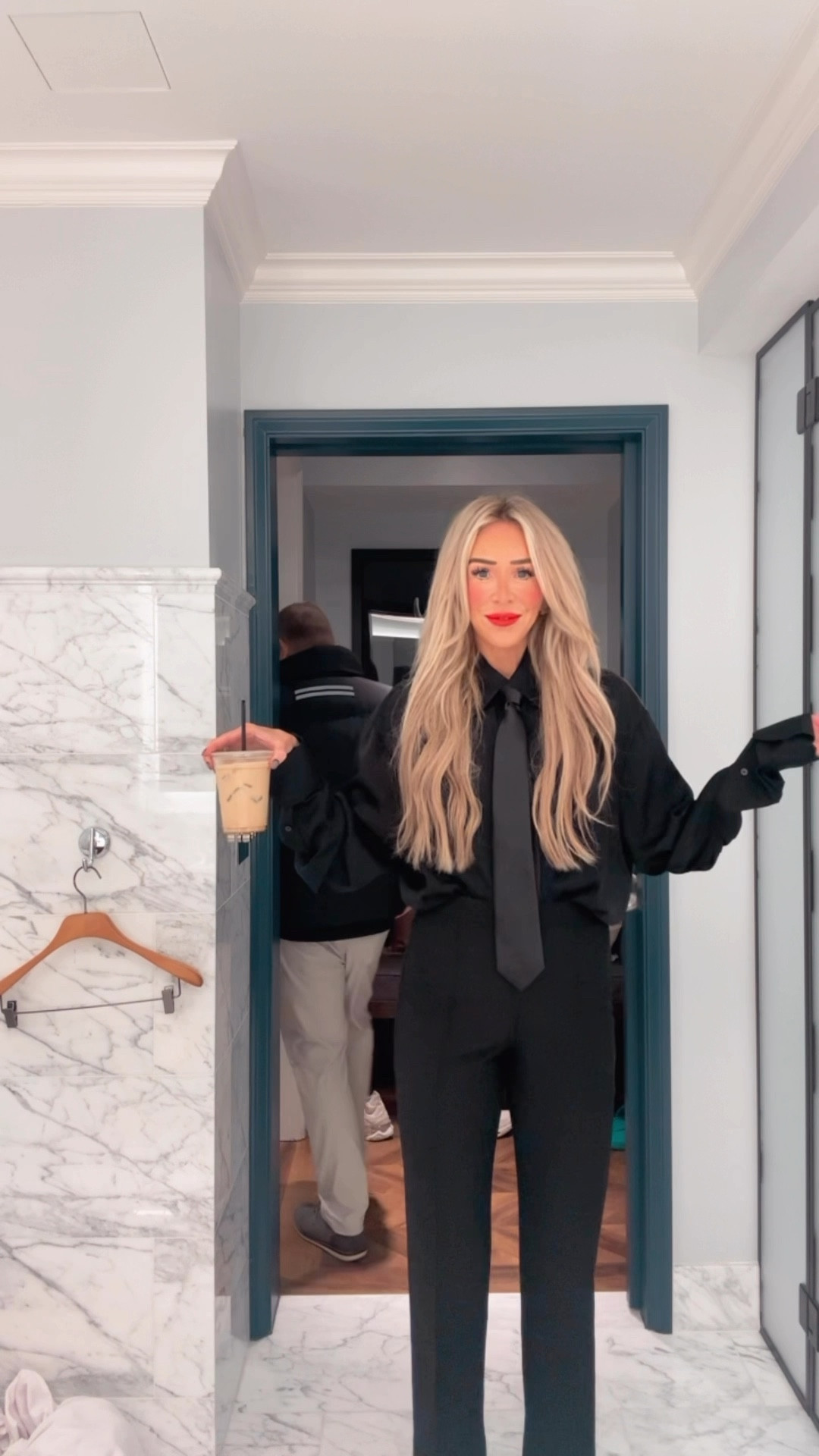 My look for the first day of LTK HQ meeting. 🖤 wearing a 4 in pants and a small in top. Red lip is linked too! Shade is “lady danger” 