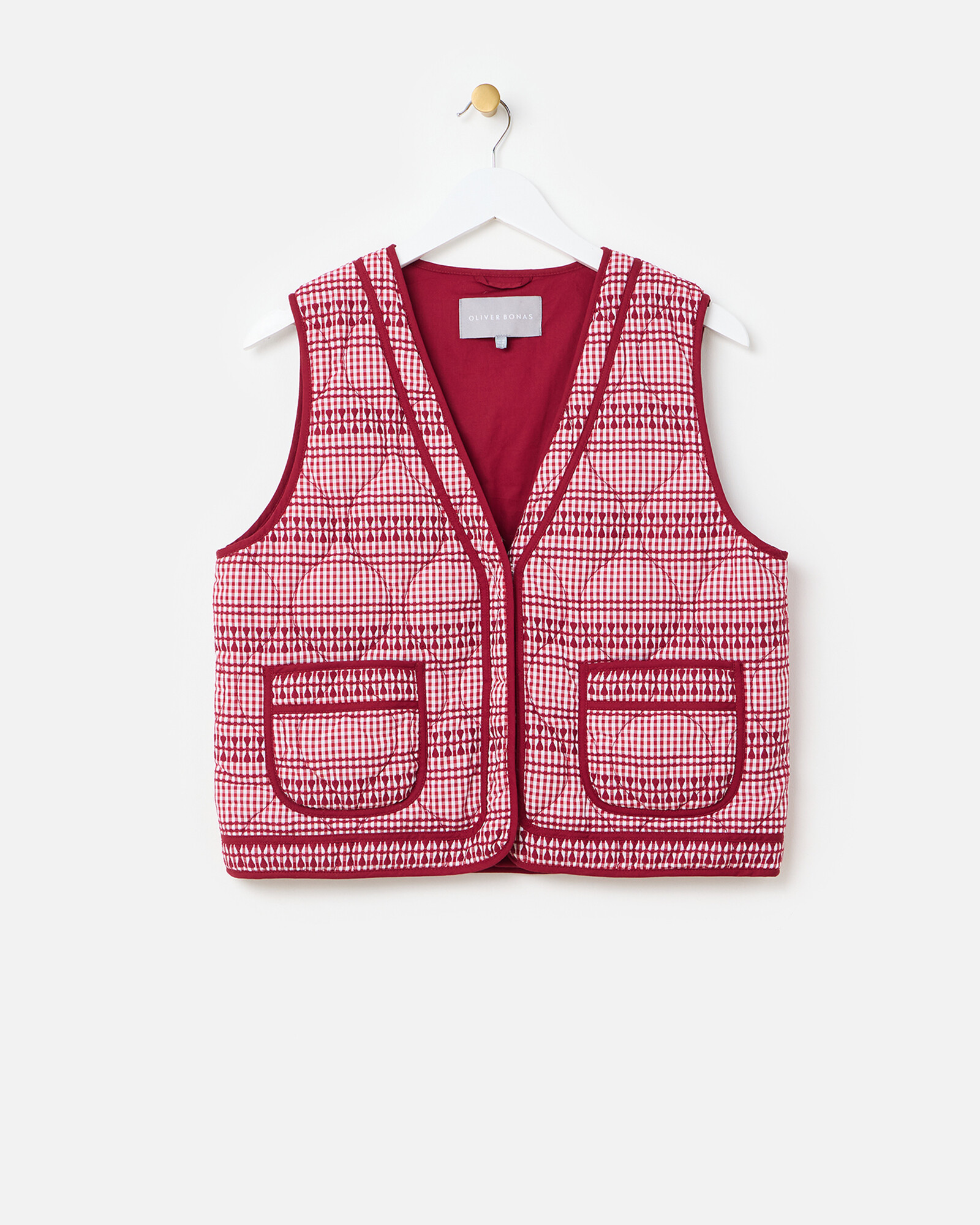 Burgundy & White Gingham Embroidered Quilted Gilet | Oliver Bonas | Oliver Bonas (Global)