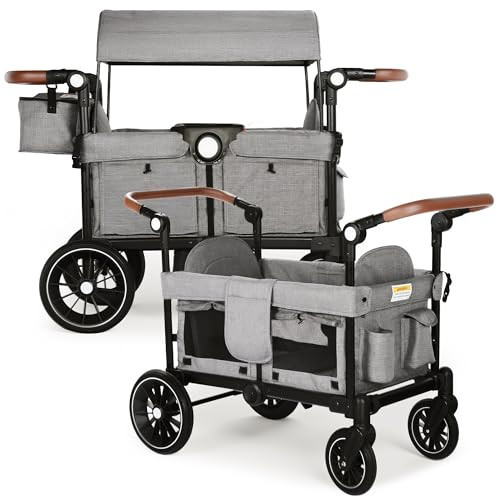 TODEFULL Wagon Stroller for 2 Kids, Foldable Kids Wagon Cart Featuring with Harnesses, Adjustable Double Push Handle, Removable Canopy, Snack Tray, Large Storage Bag, Gray | Amazon (US)
