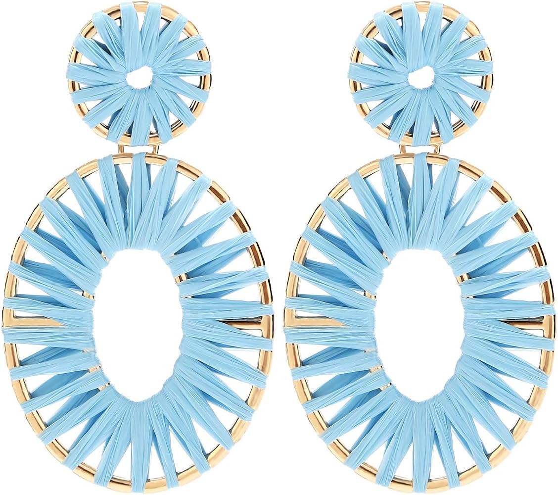 Raffia Tassel Hoop Drop Earrings Handmade Fashion Statement Jewelry for Women Girls | Amazon (US)