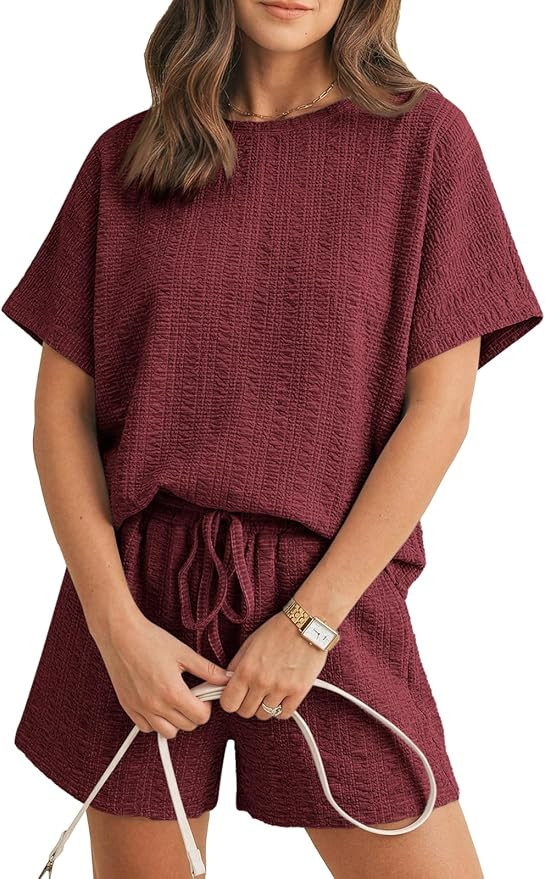 Tankaneo Womens 2 Piece Outfits Shorts Set Summer Casual Short Sleeve Crew Neck Textured T Shirts... | Amazon (US)
