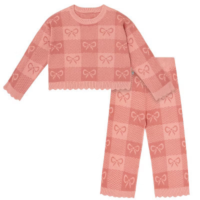 Modern Moments by Gerber Little Kid Girls' 2-Piece Jacquard Sweater Knit Top  and Pant Set, Pink Ribbons, Size 6 | Target