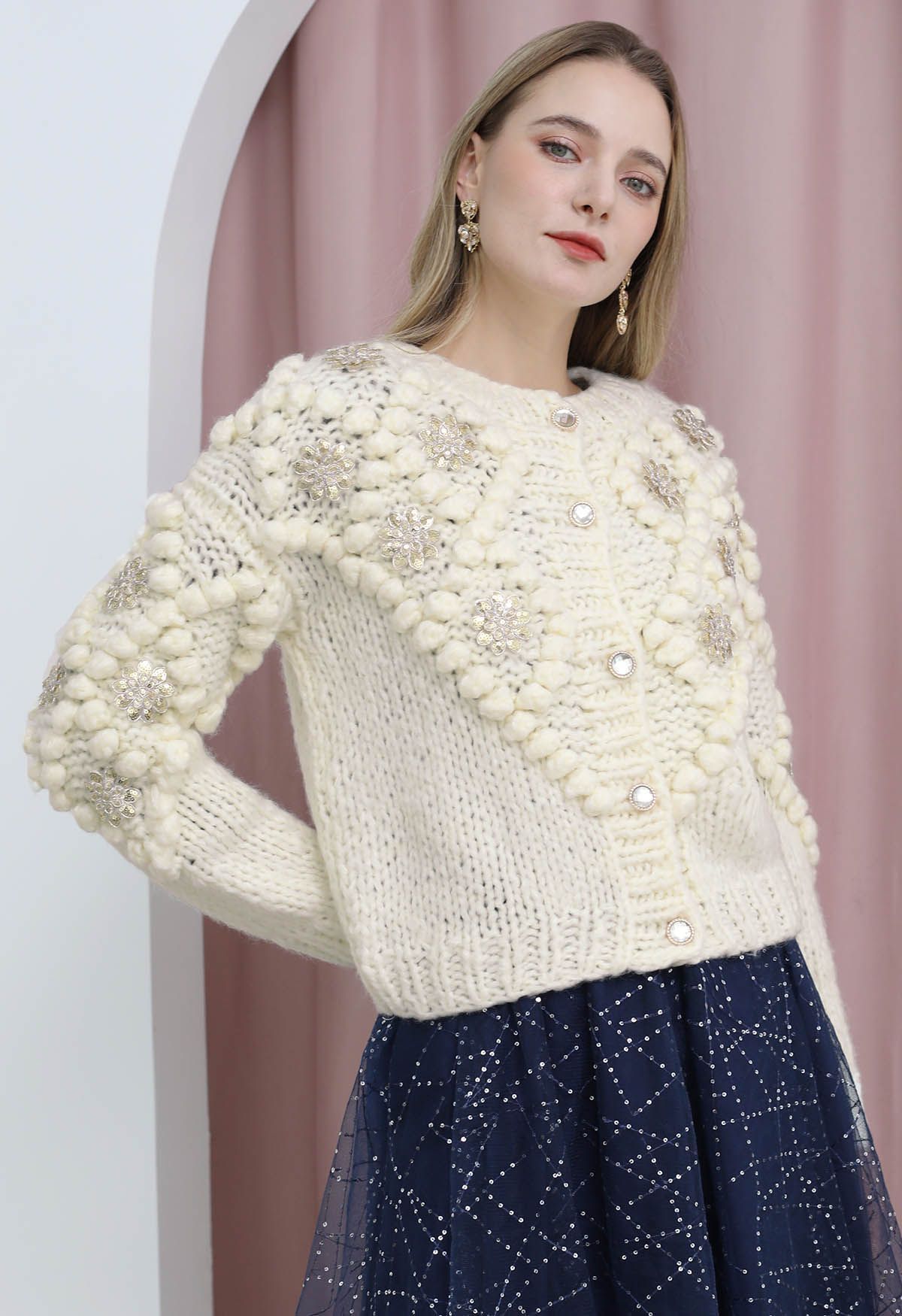 Sequined Flower Pom-Pom Knit Cardigan | Chicwish