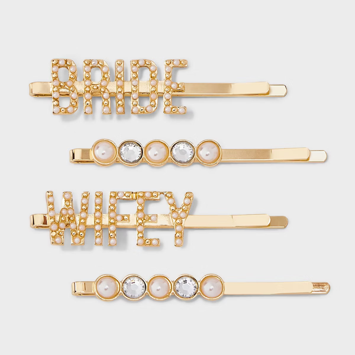 Bride and "Wifey" Pearl and Rhinestone Hair Clip Set 4pc - Gold | Target