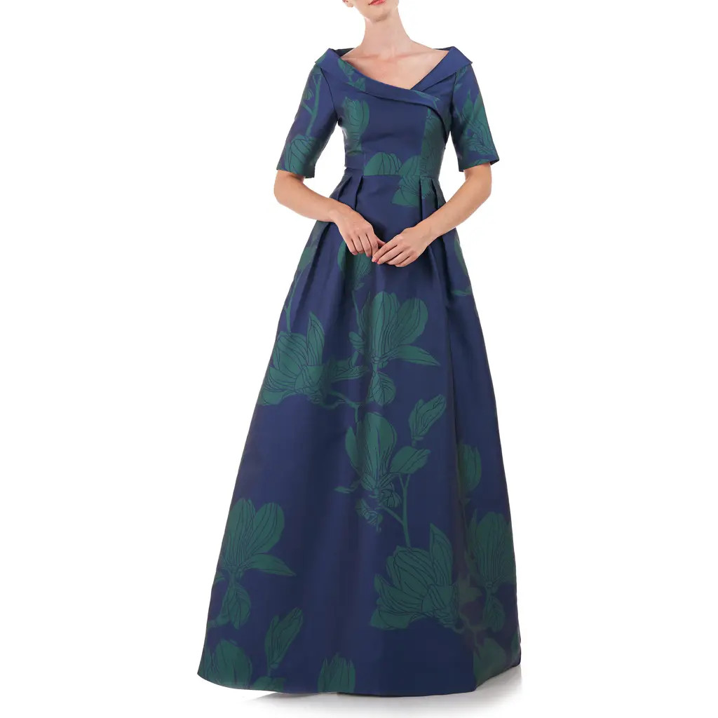 Kay Unger Coco Floral Print Gown in Marine Blue/jade at Nordstrom, Size 12 | Nordstrom
