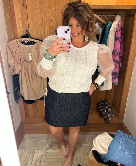 Statement Top!!!! Love this top for the holiday parties, get togethers, date night or even for work! Perfect with this adorable skirt! Sized down in sweater-wearing size Large for reference & xl in skirt. #anthropologie #anthro outfit for holiday Maeve quilted skirt organza sleeve 

#LTKmidsize #LTKHoliday #LTKsalealert