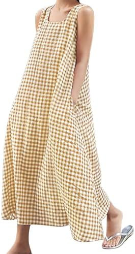 chouyatou Women's Summer Casual Loose-Fit Cotton Plaid Tank Maxi Dress with Pockets Boho Beach Su... | Amazon (US)