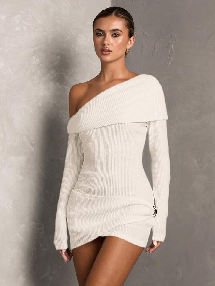 SHEIN BAE 1pc Women's Autumn Winter Elegant Solid Color Asymmetric Neck Bodycon Mini Dress | SHEIN