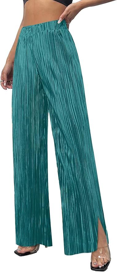 CXXQ Women's Wide Leg Pants Elastic High Waist Flowy Pleated Palazzo Dress Long Plisse Pants with... | Amazon (US)