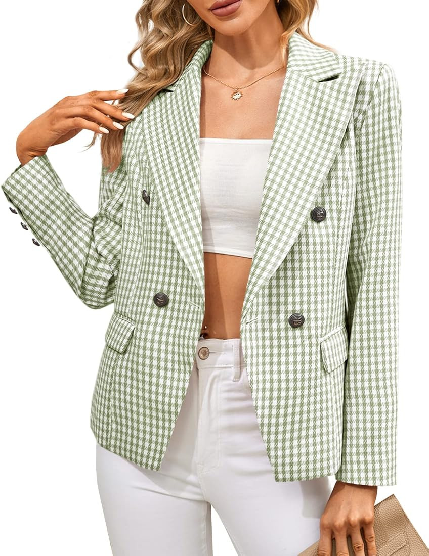 Teurkia Women's Long Sleeve Blazers Plaid Open Front Houndstooth Work Office Blazer Jackets | Amazon (US)