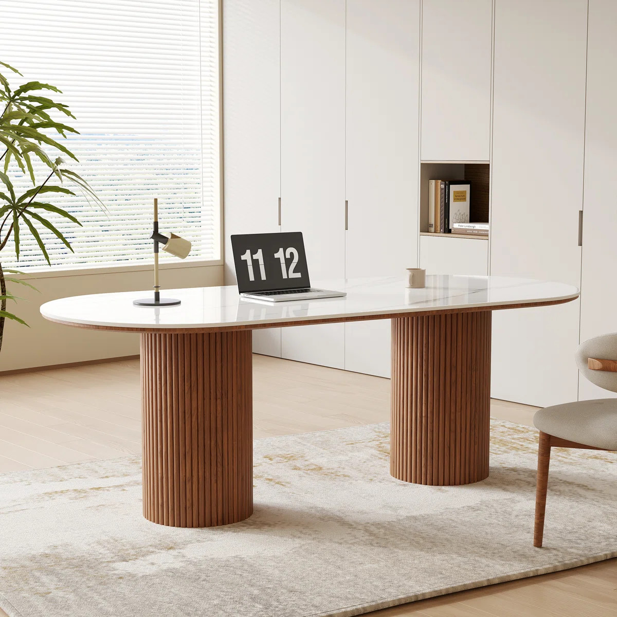 71" Modern Oval Writing Desk,Glossy White Office Table,with Double Solid Wood Legs | Wayfair North America