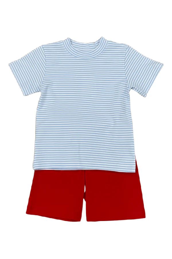 Boy's Short Set - Light Blue Thin Stripe and Red | The Frilly Frog