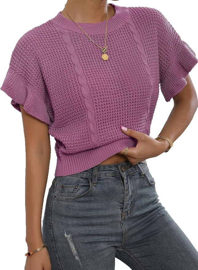 Verdusa Women's Ruffled Short Sleeve Round Neck Knitted Crop Top Pullovers Sweater | Amazon (US)