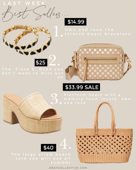 Here’s our best selling links for last week.  All the accessories you bought most.  The $35 checkered bag that looks allot like Clare v.  My favorite elastic heart bangles that look more then they are.  The straw platform I wore in Nashville all weekend.  A great everyday beach tote that will last all through summer. 

#beachbag #springaccessories #stretchbracelets #designerdupes #springbags 

#LTKStyleTip #LTKSeasonal #LTKFindsUnder50