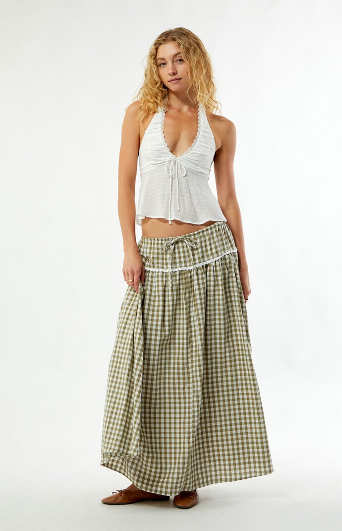 Daisy Street Women's Gingham Maxi Skirt in Sage - Size Small | PacSun