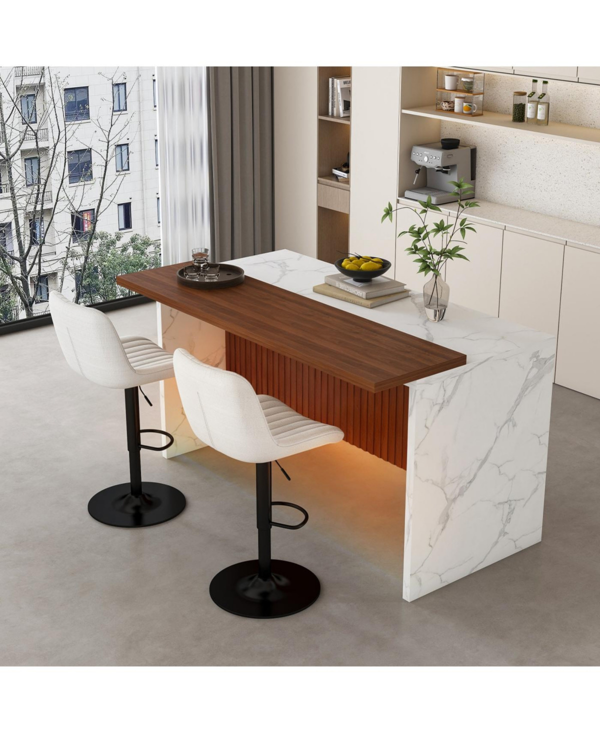 Streamdale Furniture Black Marble Kitchen Island with Led Lighting & Grille Details - White+walnut | Macy's